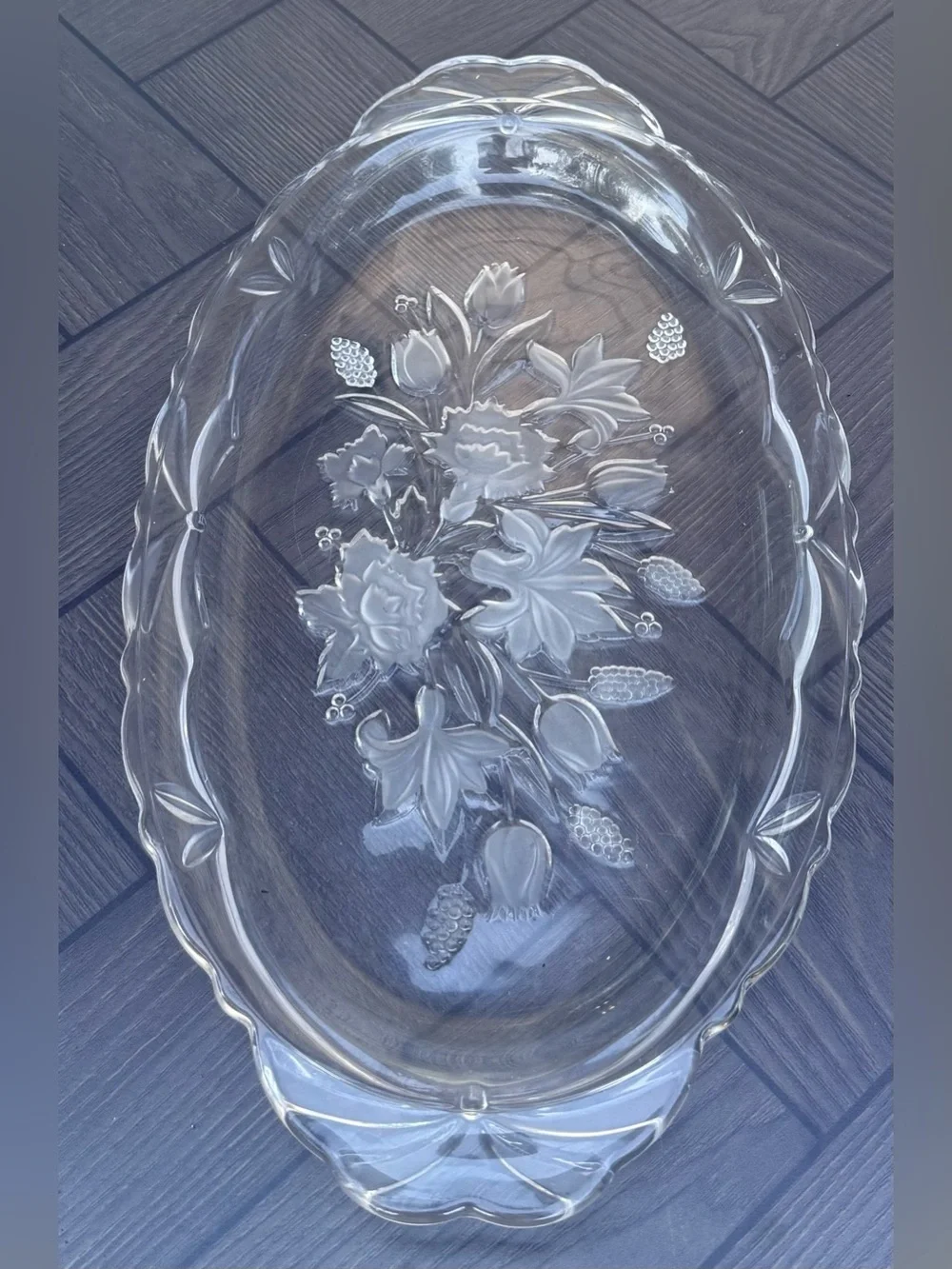 Vintage Clear Glass Oval Platter Frosted Floral Tulip Daffodil Serving Dish 16x9